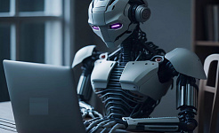 robot sitting at a laptop with hands on the keys